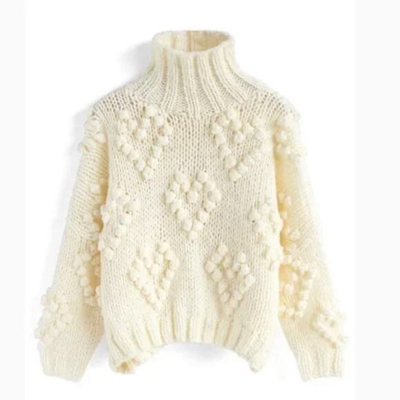 Chicwish Knit Your Love heart pom pom slouchy turtleneck sweater size S/M - Picture 15 of 15